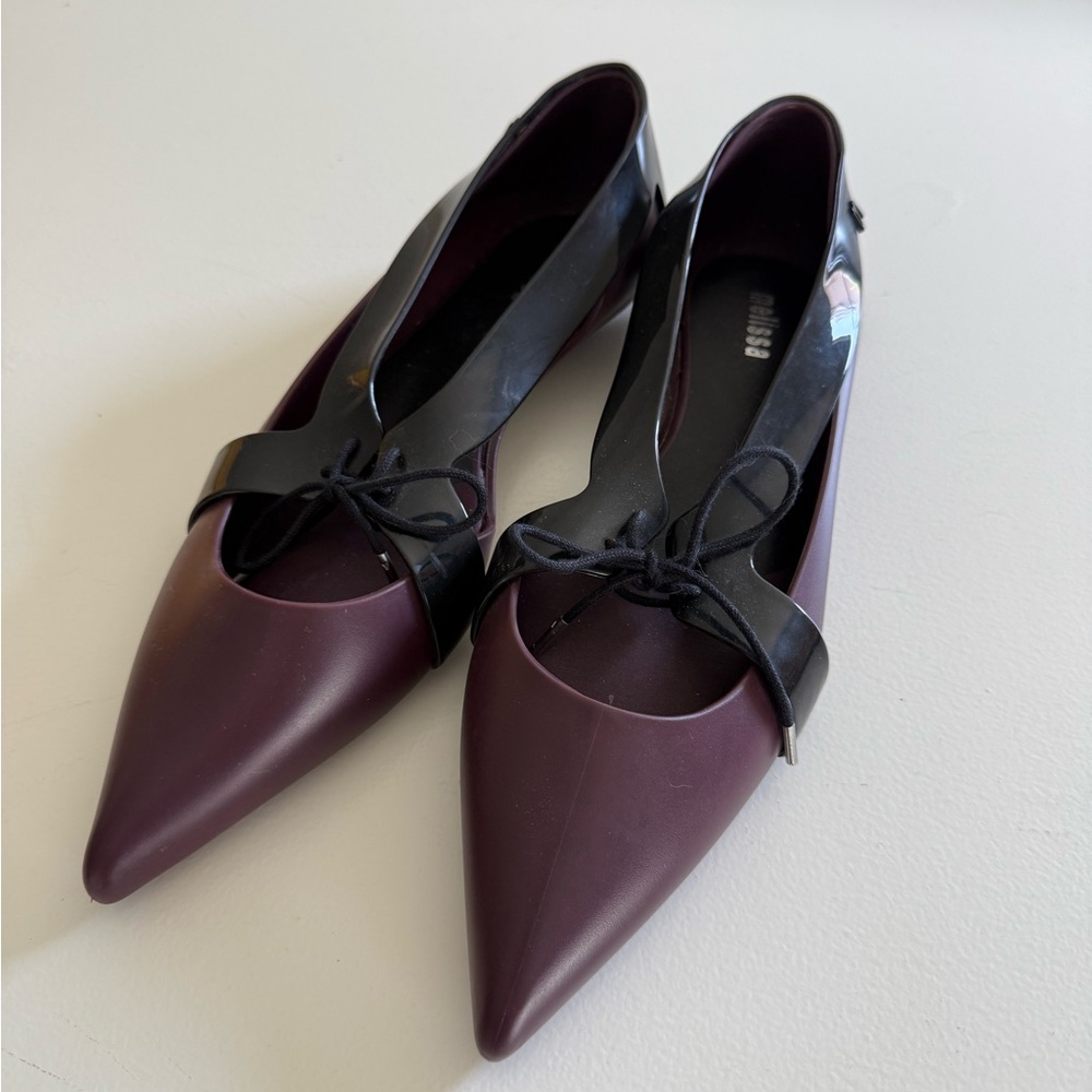 Melissa Pointed Toe Lace Up Flats Plum and Black 8
